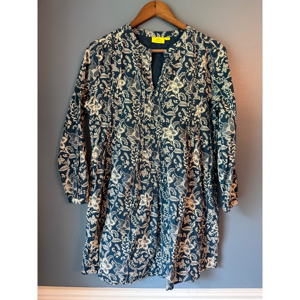 Roller Rabbit Navy Blue Floral Cotton Pintuck Tunic Dress XS